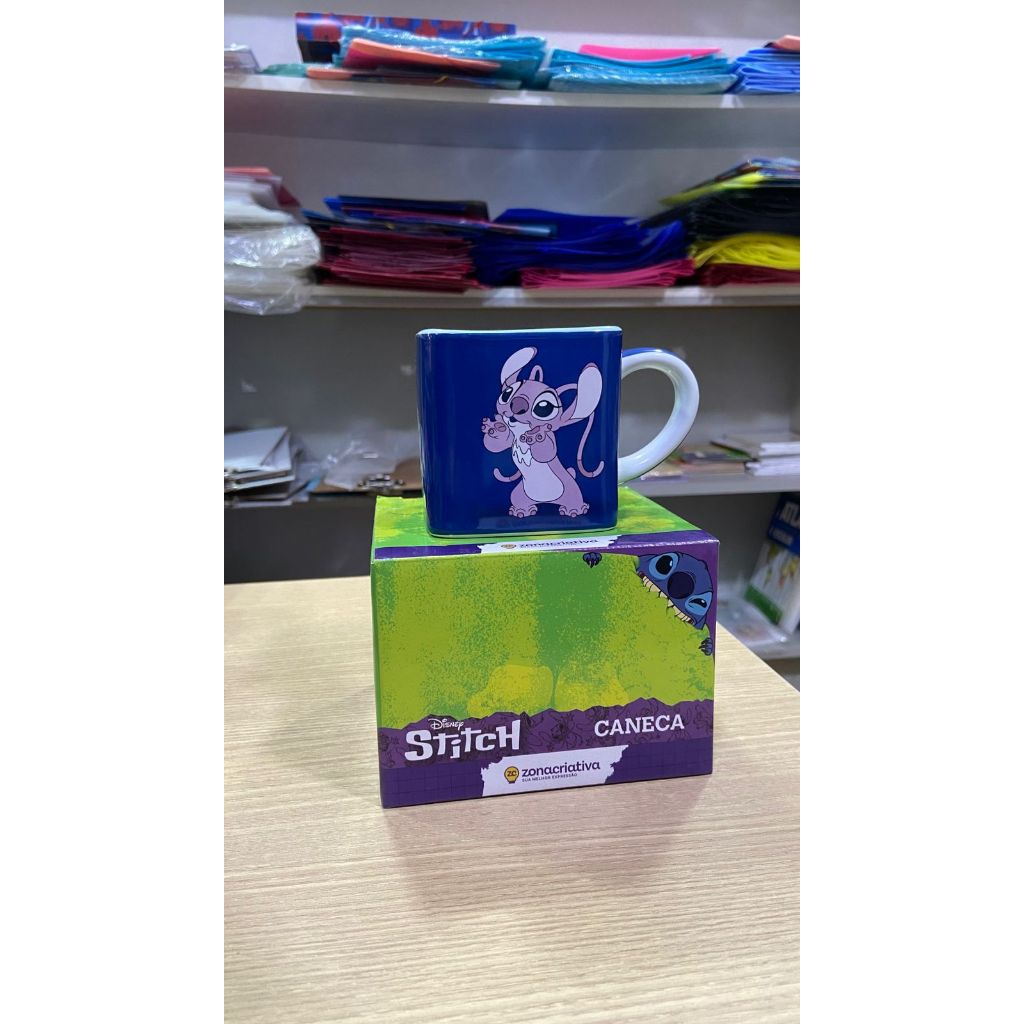 Caneca Stitch Disney Original 325ml Quadrada Azul Presente Zona Criativa