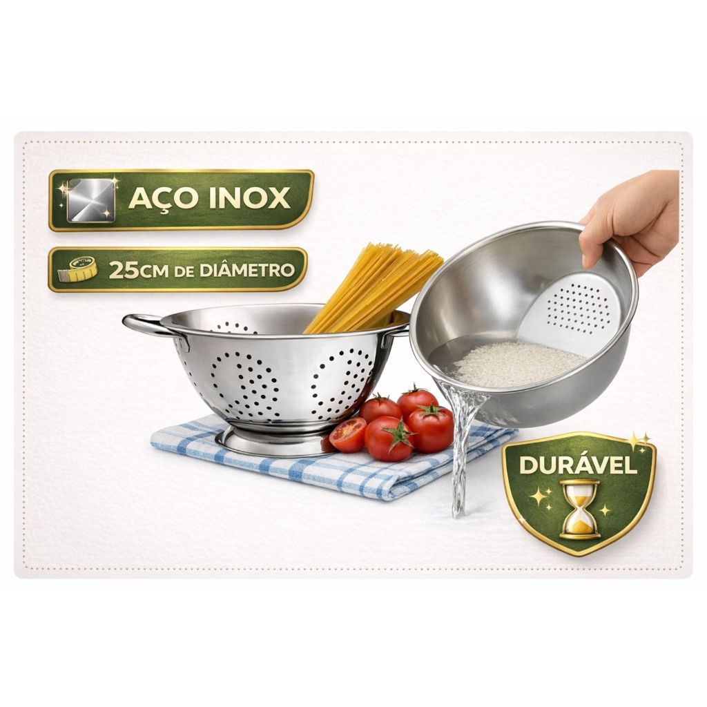 Kit Com Escorredor de Massas Macarrão + Escorredor de Arroz em Aço Inox Multiuso