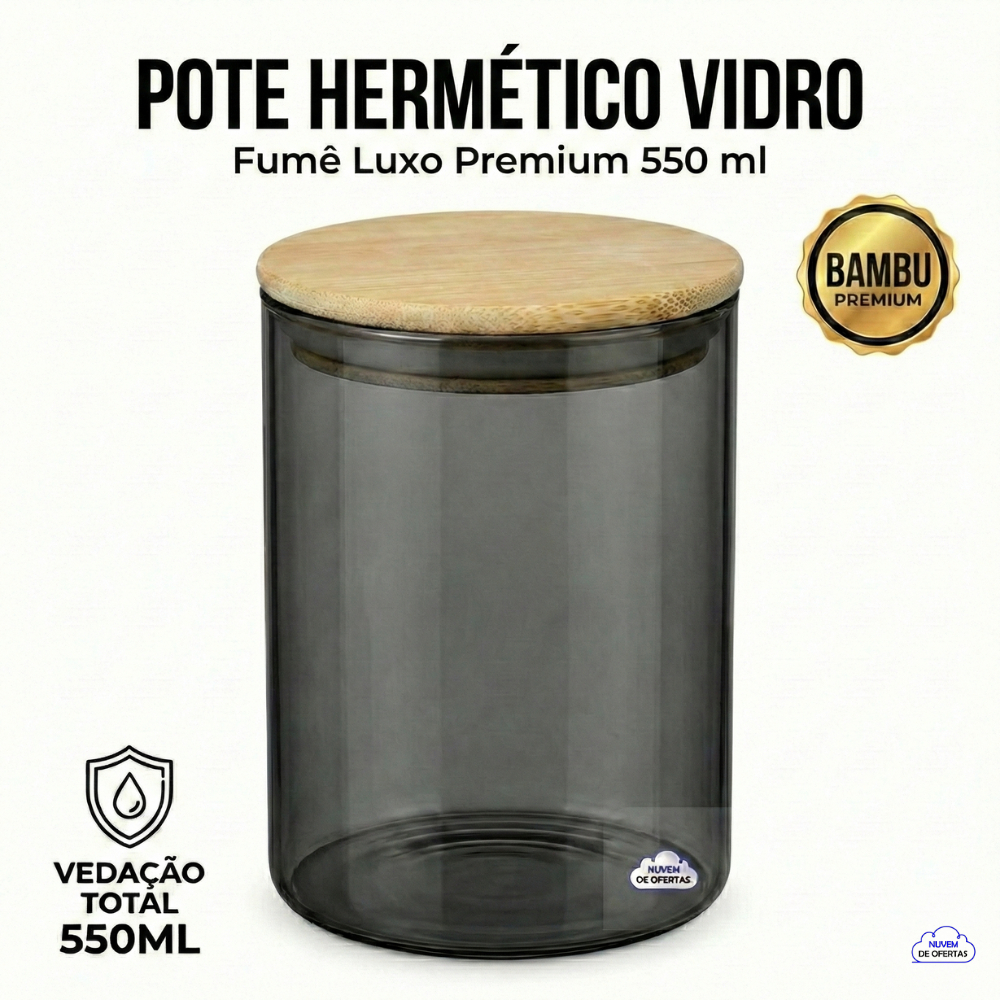 🔥Pote de Vidro Hermético Fumê 550ml com Tampa Bambu Porta Mantimentos e Temperos para Cozinha