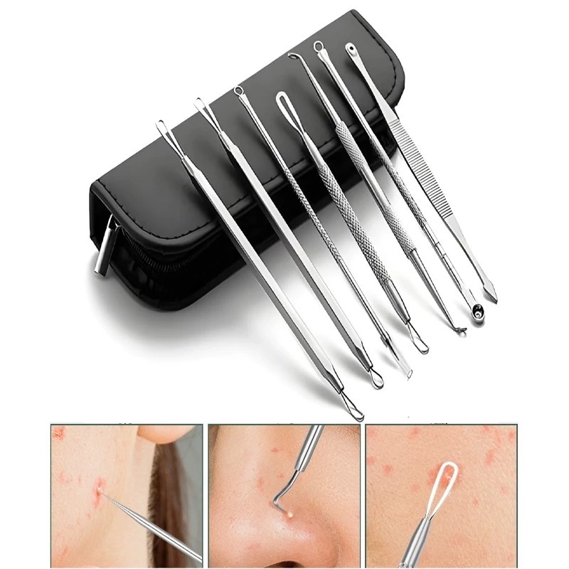 Kit 7 Ferramentas Beleza Aço Inox - Extrator de Espinhas e Cravos - Profissional em Oferta na Shopee