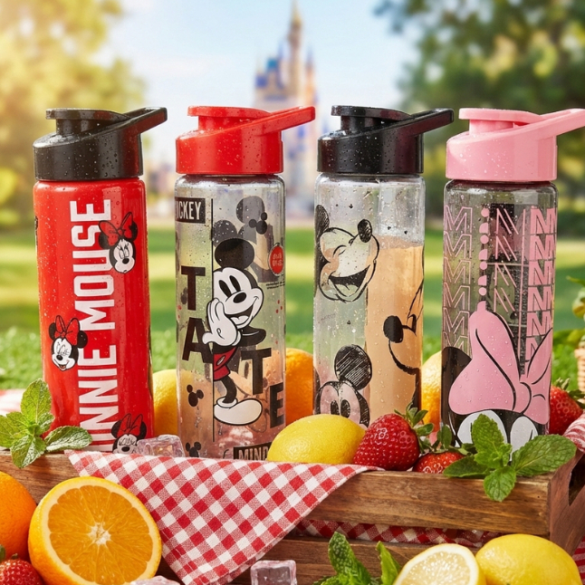 KIT GARRAFINHA MICKEY MINNIE SQUEEZE 700 ML BPA FREE + CHAVEIRO