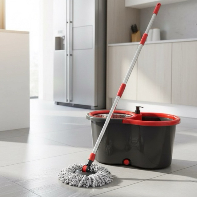 Mop Esfregao Giratorio 360 Powermaid Balde Centrífuga Inox C/ Porta Sabão e Rodinhas Esfregão Alta Limpeza Piso Chão