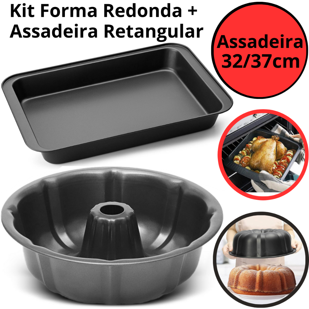 Kit Forma Assadeira Antiaderente 32/37cm + Forma Bolo com Furo Central 24cm De Aço Carbono Teflon