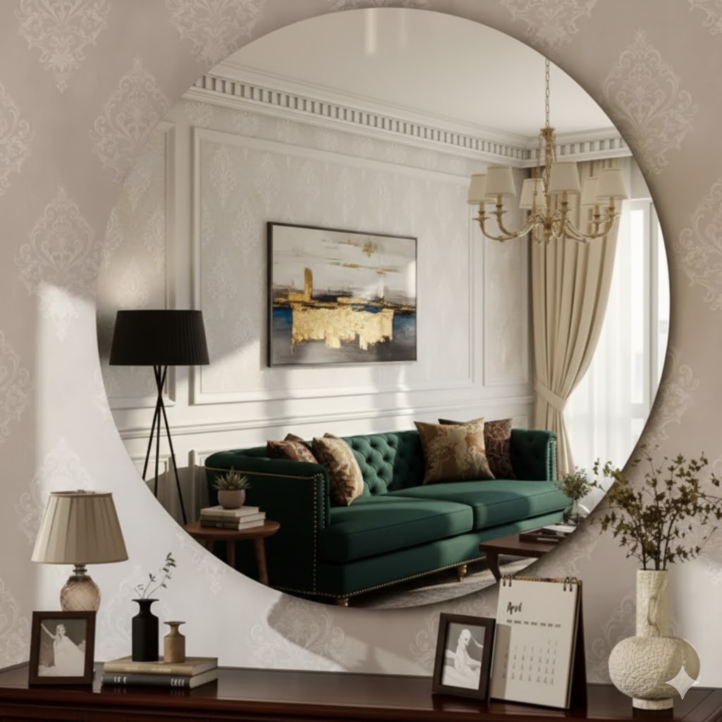 Espelho Redondo de Parede 60x60cm Vidro Lapidado Design Moderno Banheiros Sala Quarto Hall Escritório