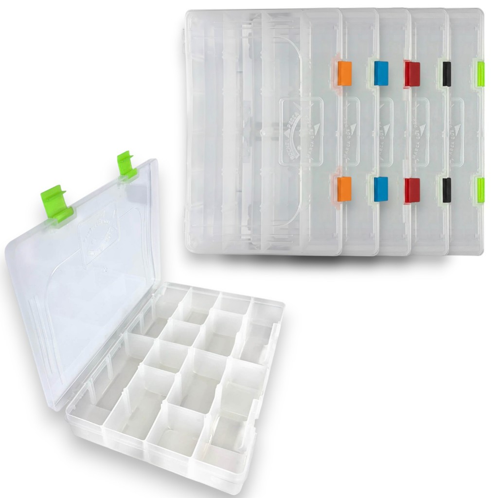 Estojo Rochel Pesca Box 30 para isca artificial anzol e chumbada com Fundo e Tampa Transp com travas colorida 16 Div