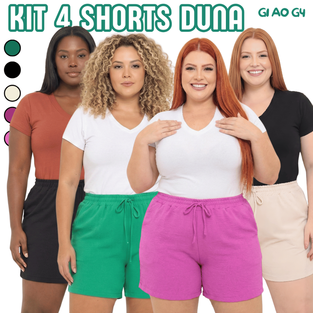 Kit 4 Bermuda Shorts Feminino Duna Confortável Praia Plus Tecido Leve Preto Bege Verde Fúcsia Rosa em Oferta na Shopee