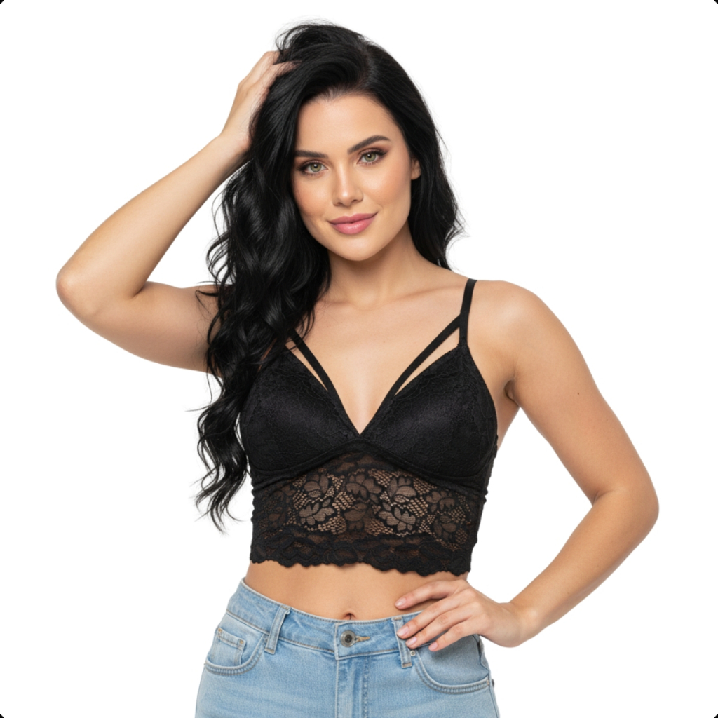 Cropped Top De Renda Feminino Tiras Dupla Alça Regulável Com Bojo em Oferta na Shopee