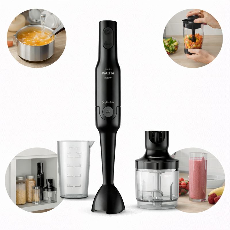 Mixer Philips Walita Lâmina De Aço 2 em 1 Com Copo Preto