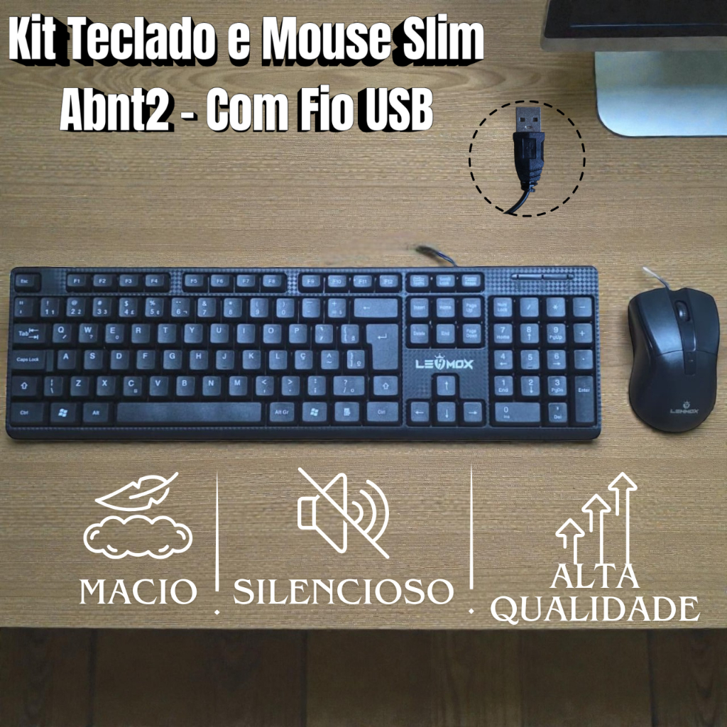 Kit Teclado e Mouse Macio Com Fio ABNT2 Escritório 2.4 ghz