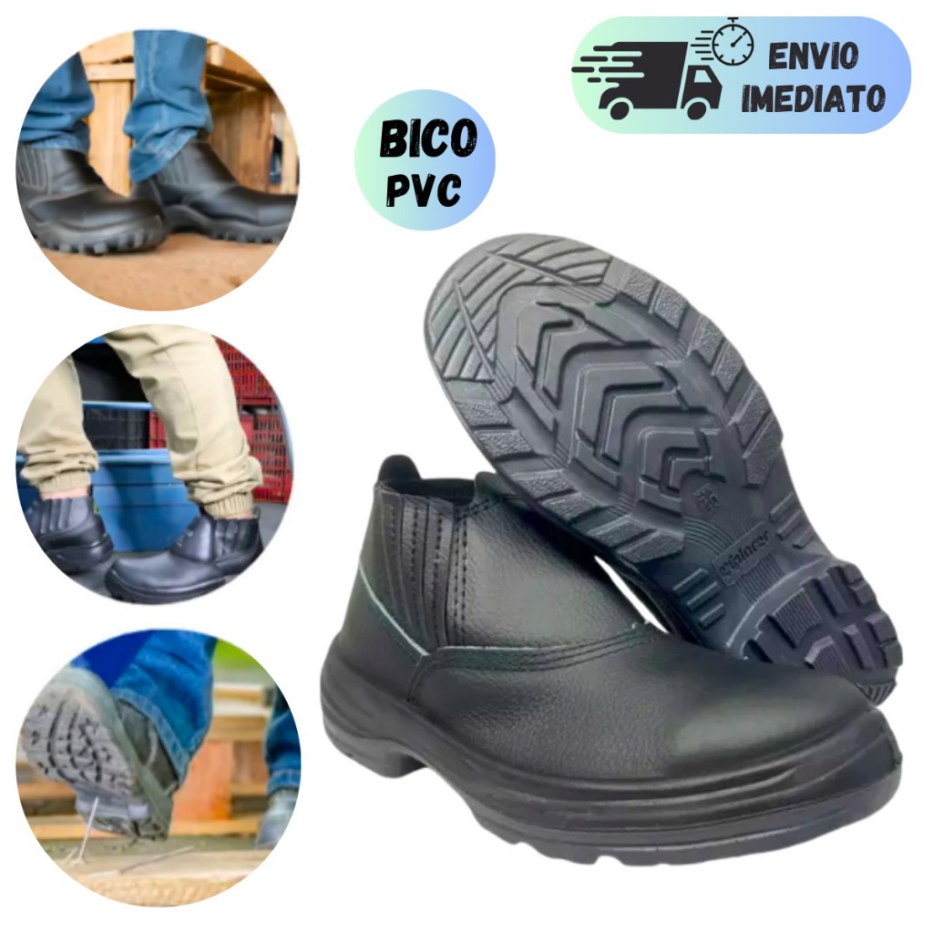 BOTA BOTINA BOMPEL ELASTICO PRETO BICO DE PVC PARA TRABALHO EPI COM CA SOLADO PU COURO ORIGINAL