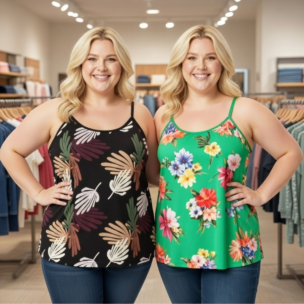 Kit 2 Blusas Plus Size Regata Alcinha Liganete Estampas Variadas Mulheres Dona de Casa