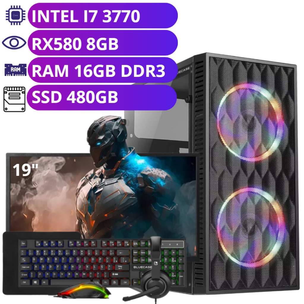 Computador Completo i7 3.4Ghz - Monitor 19" - Memória RAM 16GB -  SSD 480GB Placa de Vídeo RX580 8GB