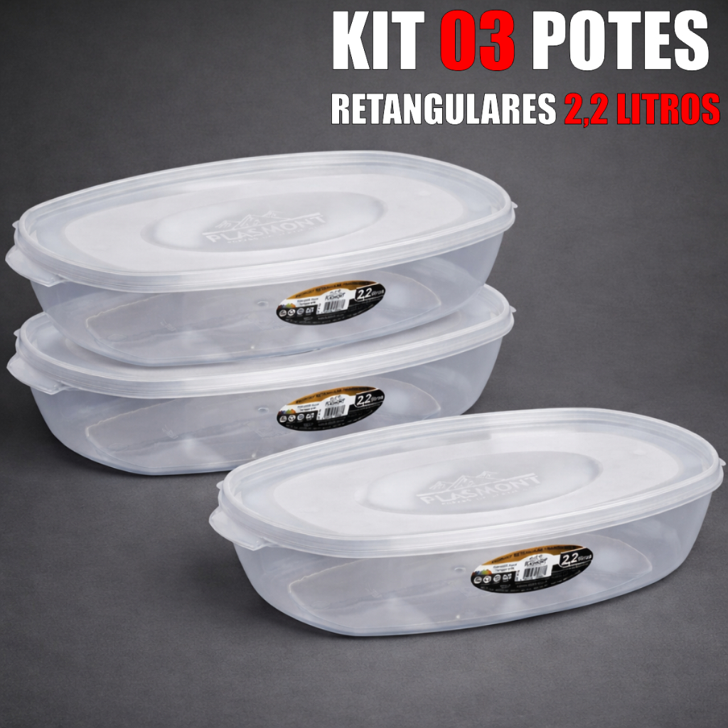 Jogo 3 Potes Retangulares 2,2 Litros Transparente Vasilha Lavável em Oferta na Shopee
