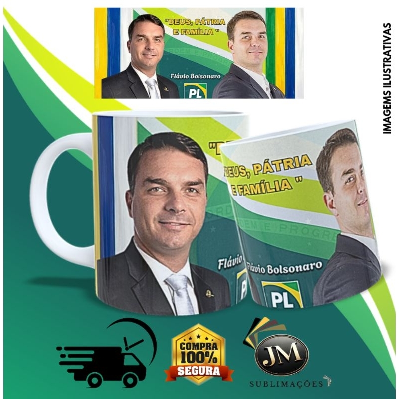 Caneca Personalizada Flávio Bolsonaro  – Deus, Pátria e Família | Cerâmica 325ml