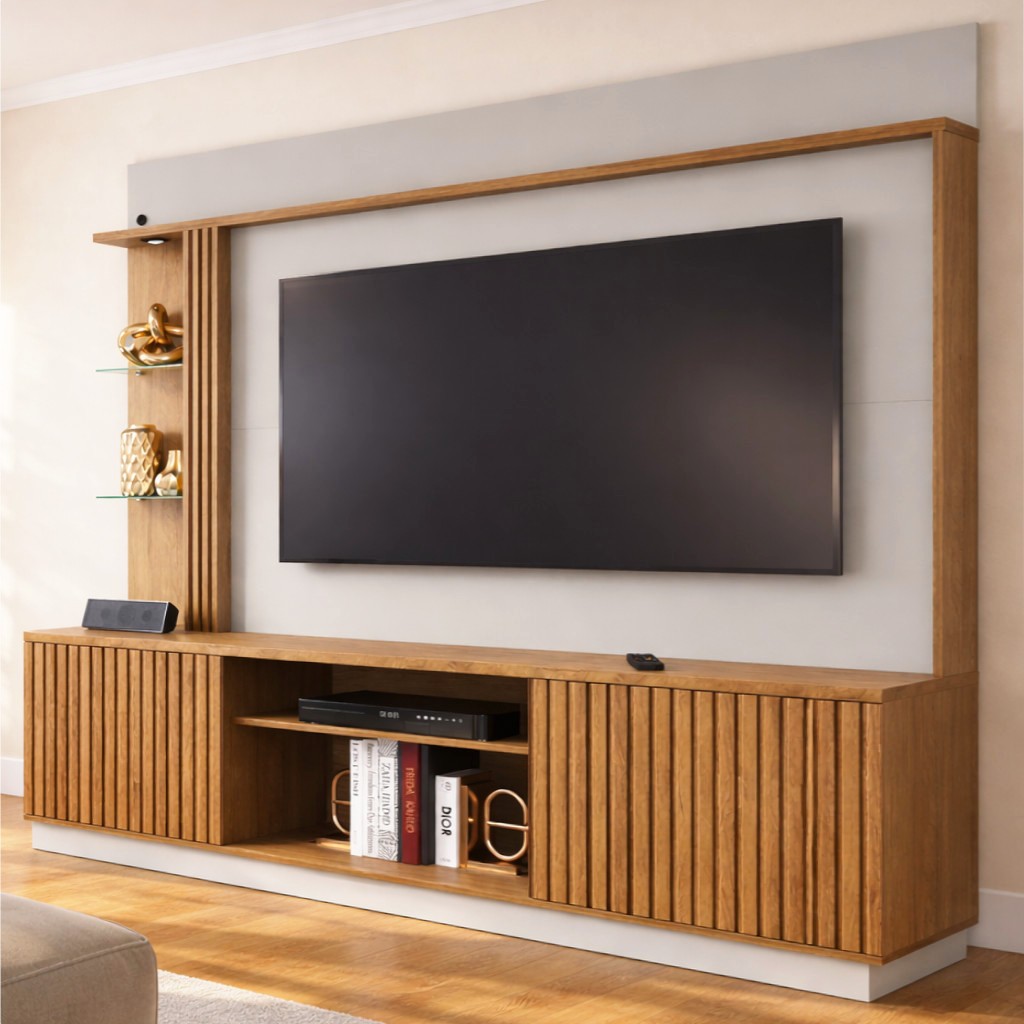 Rack De Tv Com Painel 2 Portas Led Prateleira De Vidro Parla Cor Cinamomo / Off White