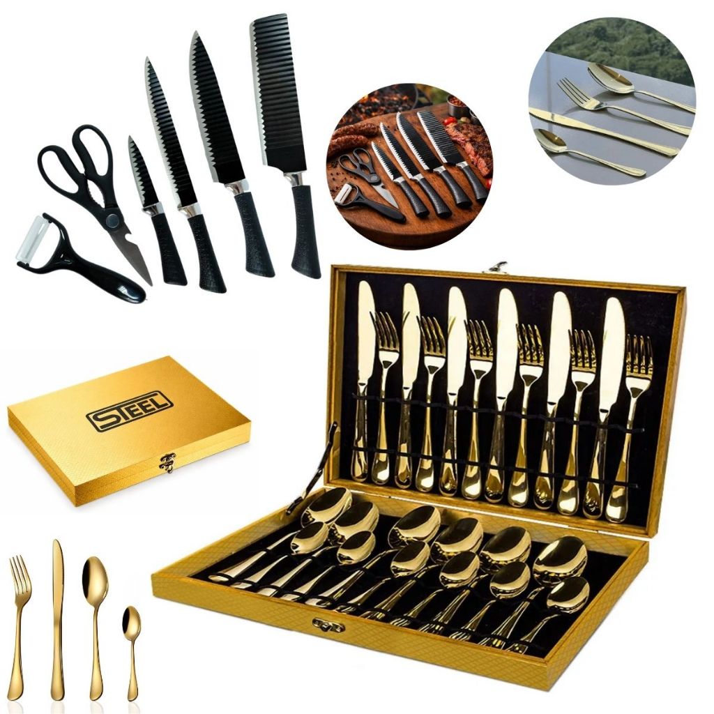 Kit Cozinha Maleta De Talheres 24 Peças Aço Inox Banhada A Ouro + Kit Facas 6 Peças ENVIO IMEDIATO
