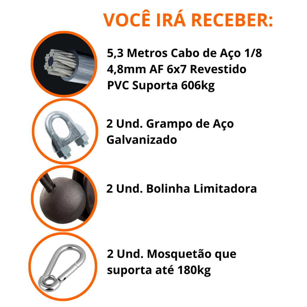 Kit 5,3 M Cabo de Aço 1/8 4,8mm AF 6x7 2L com Bolinha Mosquetão Grampo Aparelho Musculação Academia