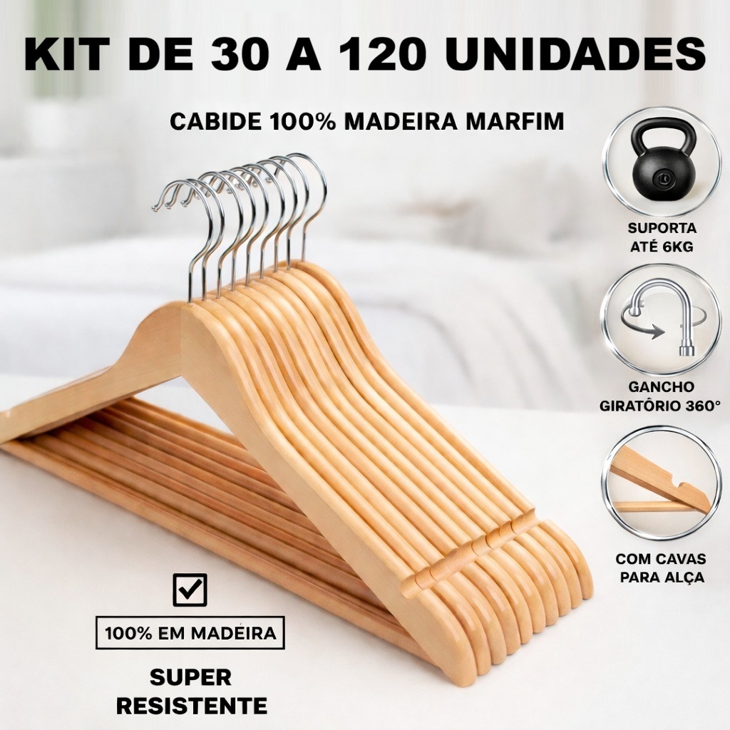 Kit 30 a 120 Cabides Madeira Premium Marfim Roupas Calca Gancho Cromado Antideslizante Duravel em Oferta na Shopee