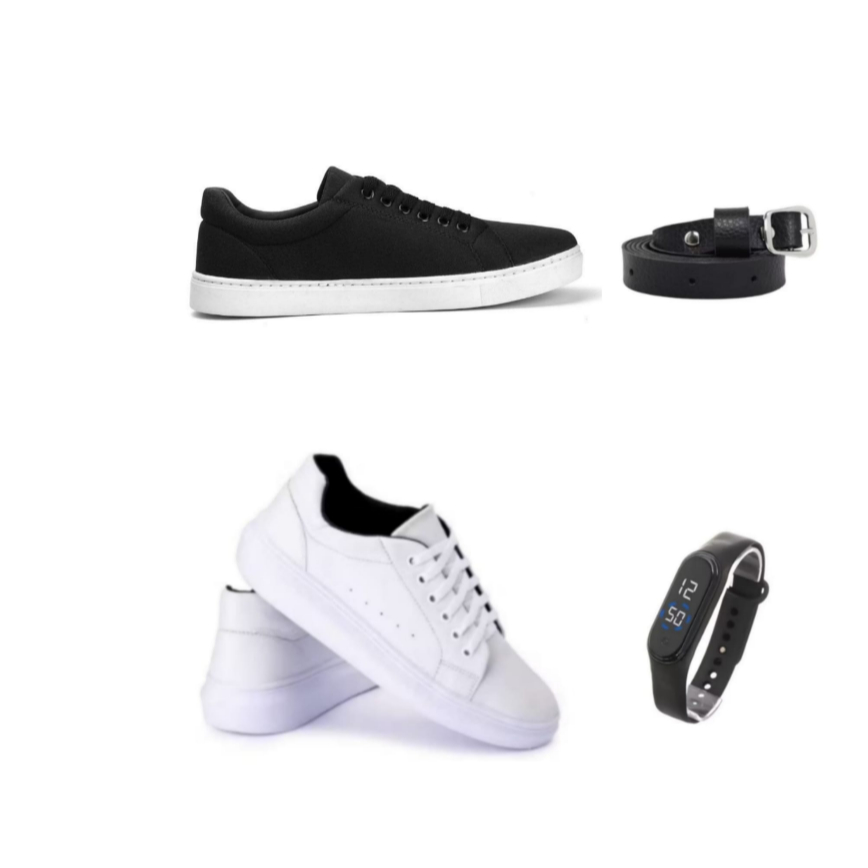 Tênis casual masculino preto+ tênis casual masculino branco+ relógio+ cinto