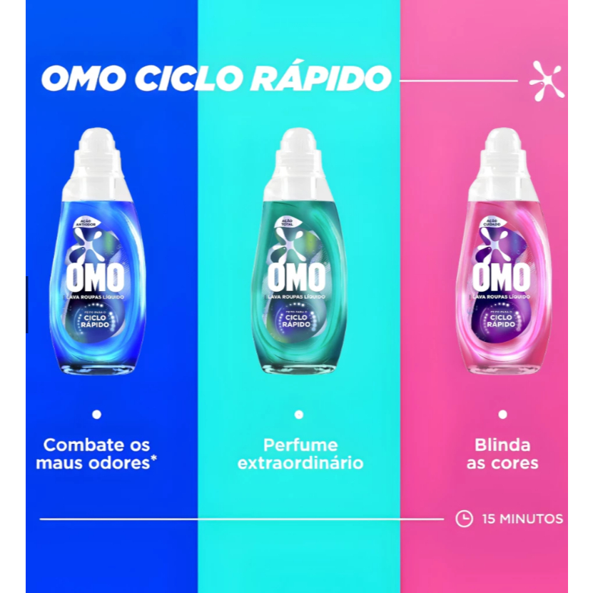 Kit 3 Lava-Roupas Líquido Omo Ciclo Rápido 750ml - Ação Cuidado - Ação Total - Ação Antiodor Novo