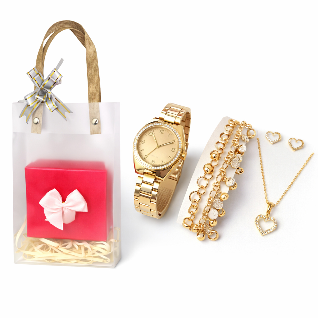 Kit Relógio Feminino Dourado + Colar Brincos Folheado Ouro + Pulseira C/ Caixa/ Sacola - Presente dia das Mães, Natal em Oferta na Shopee