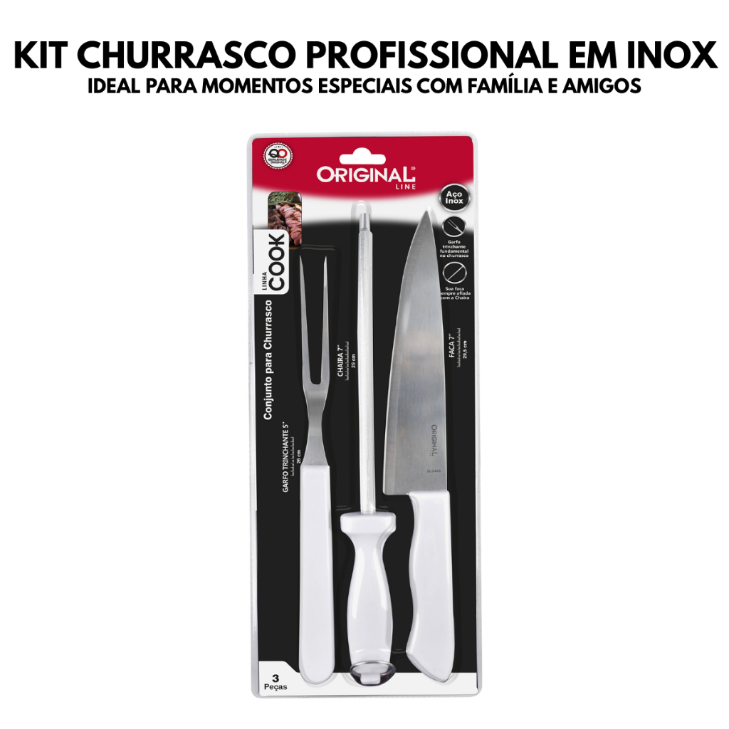 Imagem Kit Churrasco Profissional 3 Peças em Aço Inox Cook Original Line