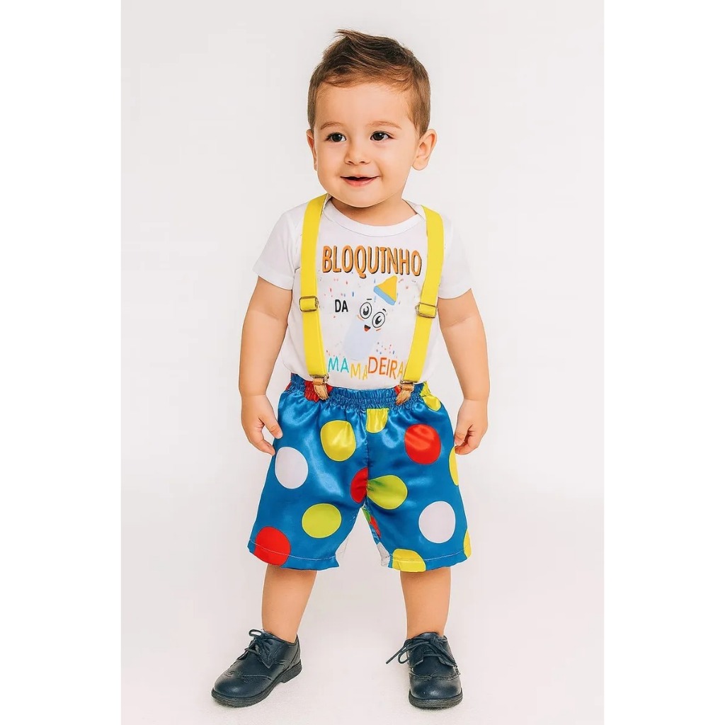 Conjunto Bebê Menino Roupa Festa Carnaval Temático Bloquinho Da Mamadeira 3 Peças Camiseta, Short e Suspensório