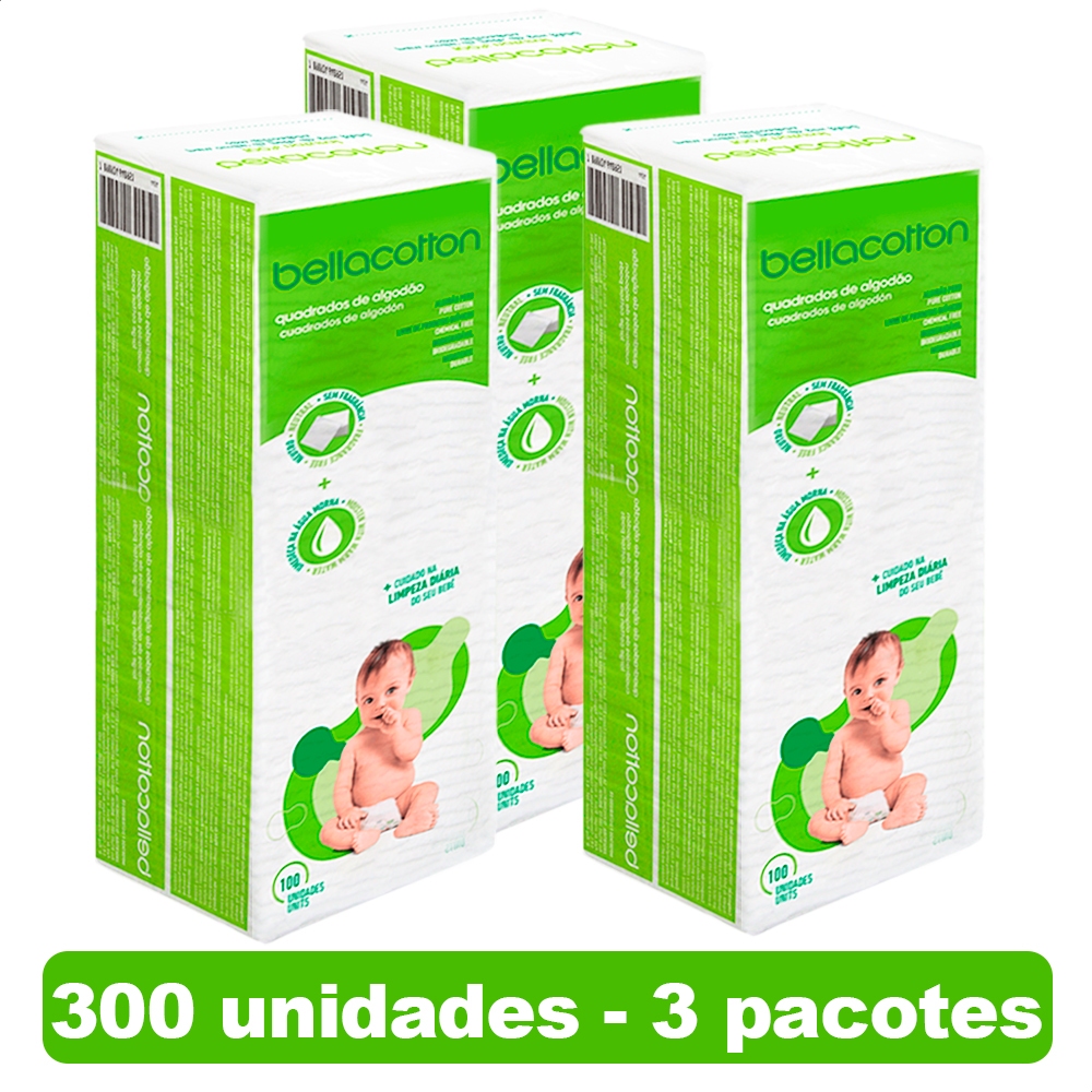 Kit Algodão Quadrado Bebê Bellacotton C/ 100/200/600/1200 un. Hipoalergênico Sem Perfume | ENVIO RÁPIDO