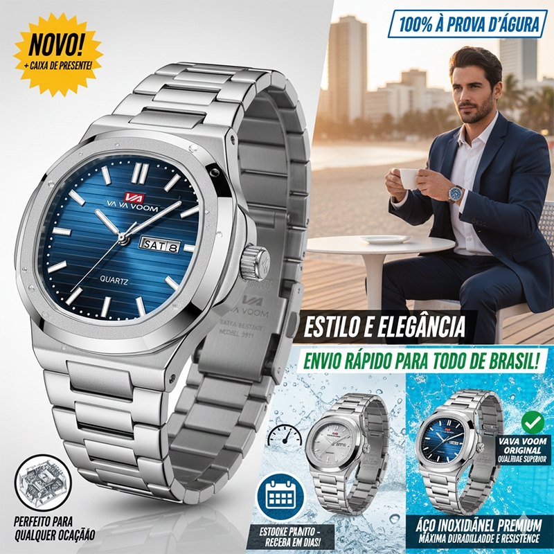 Relógio Masculino VA VA VOOM 2911 Original Luxo Aço Inox À Prova D'água Estilo Nautilus Mostrado em Oferta na Shopee