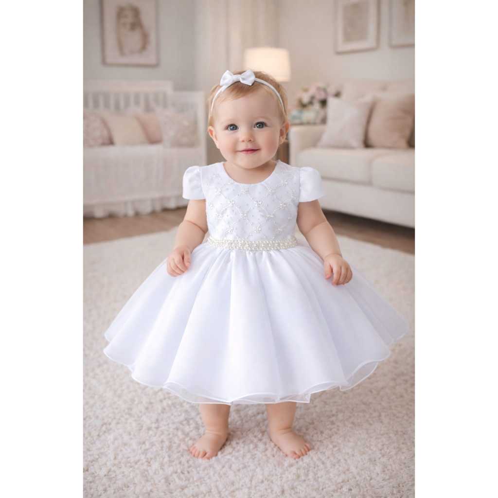 Vestido bebê branco batizado daminha festa aniversário cinto perolas em Oferta na Shopee