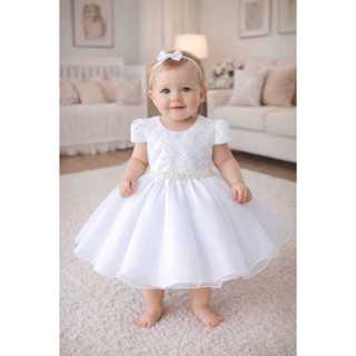 Vestido bebê branco batizado daminha festa aniversário cinto perolas em Oferta na Shopee