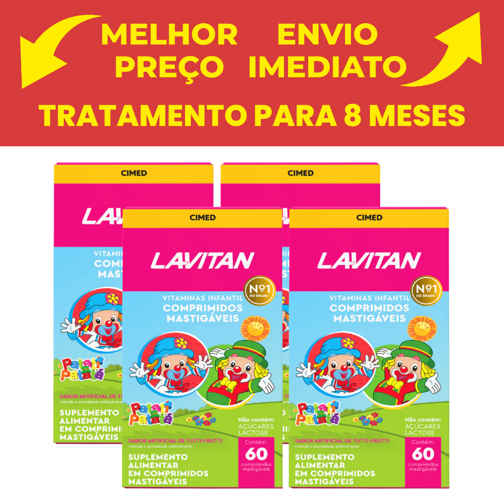 Kit com 4 Lavitan Patati Patata Vitamina Infantil  Sabor Tutti Frutti Cimed c/60 Comprimidos