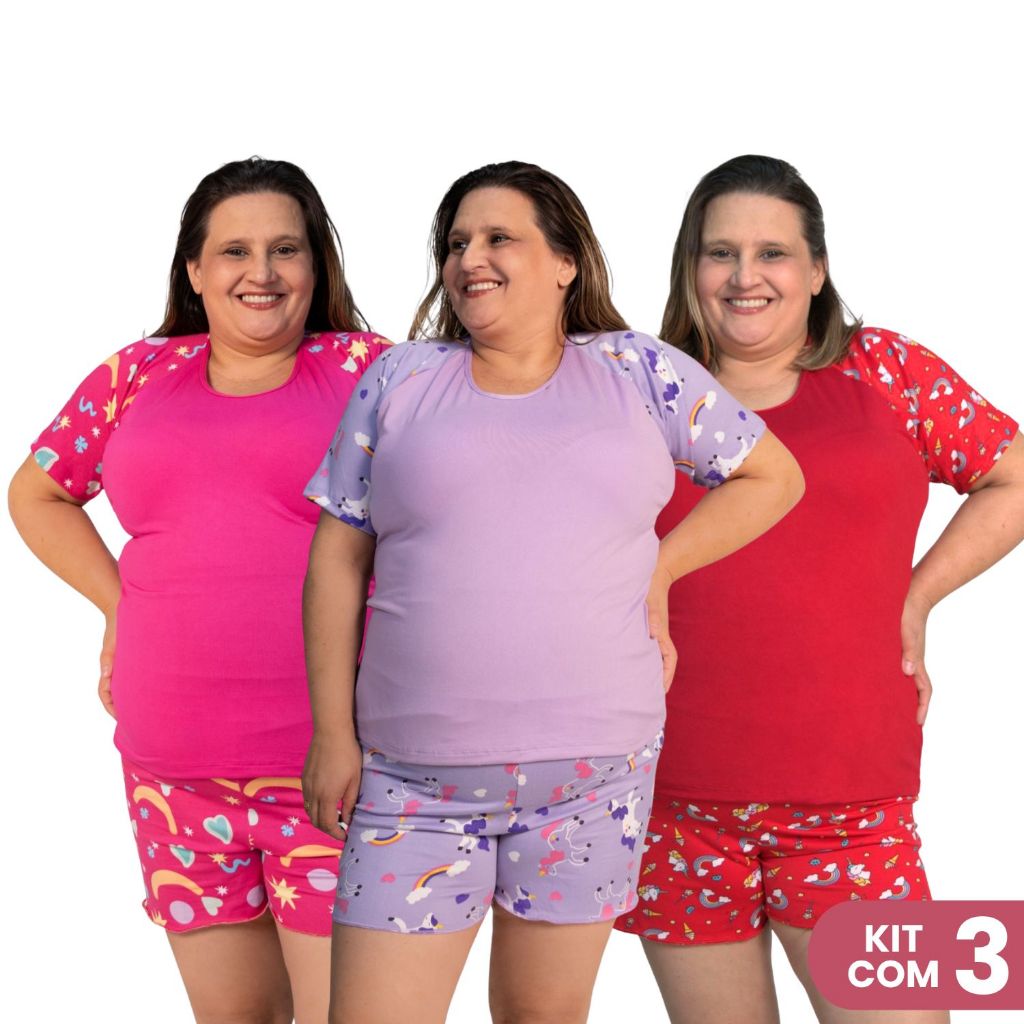 Kit 3 Baby Doll Plus Size  Blusa e Short Suede Pijama Feminino Conjunto