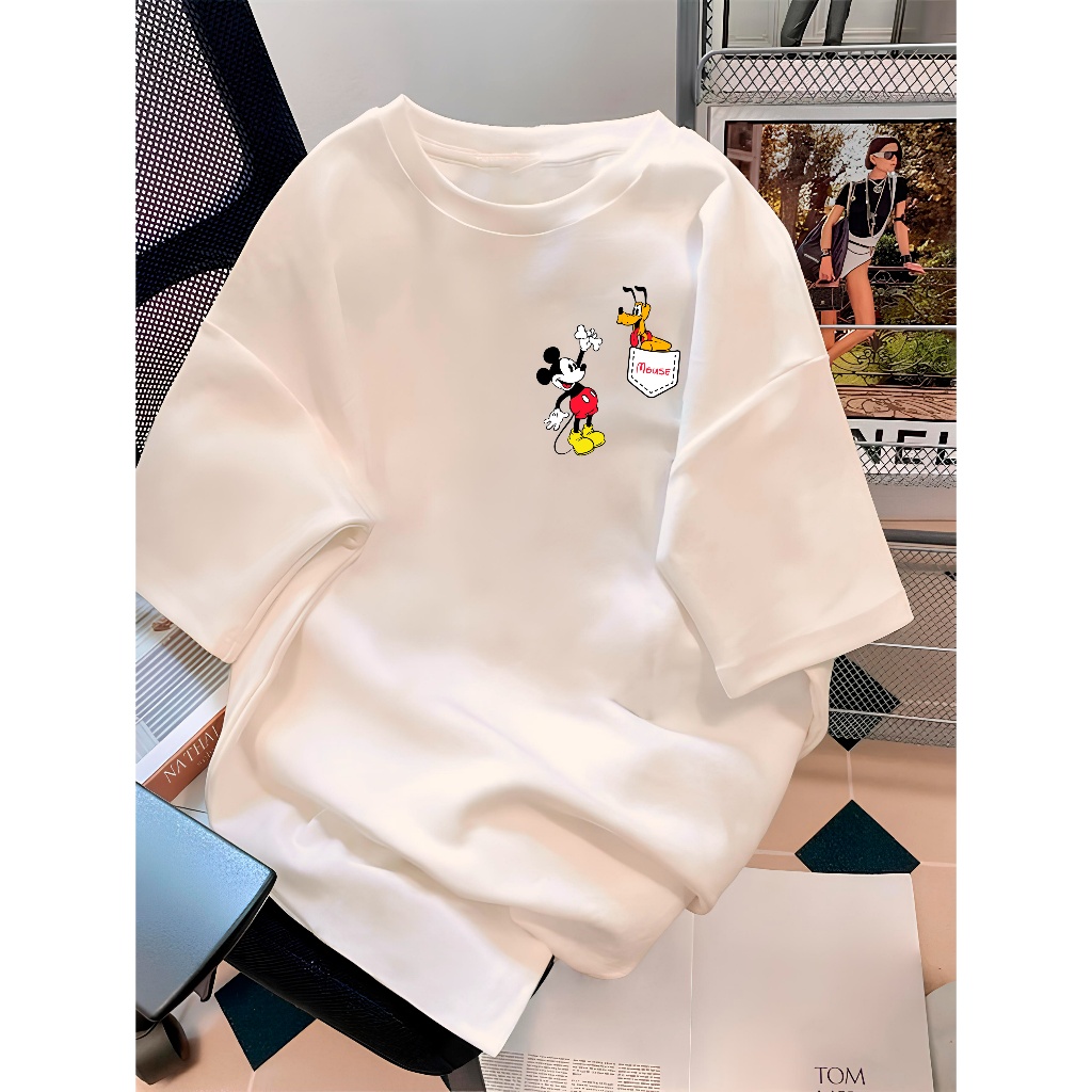 Camiseta estampada Disney Mickey Mouse e Pluto T-shirt Tecido Premium 100% Algodão blusa estilosa