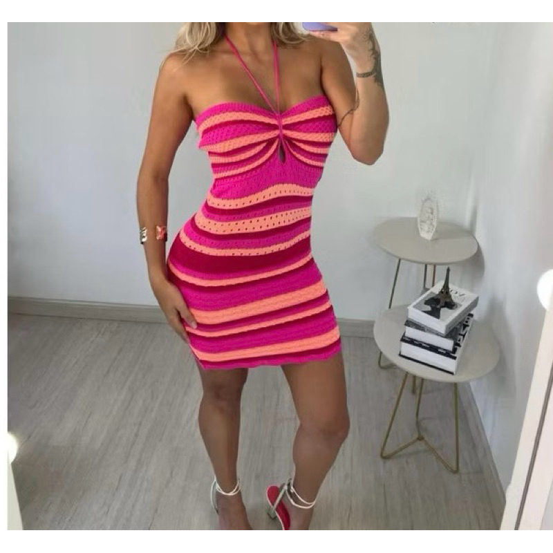 vestido curto tricô listradinho modal cordão amarração tricot moda verão
