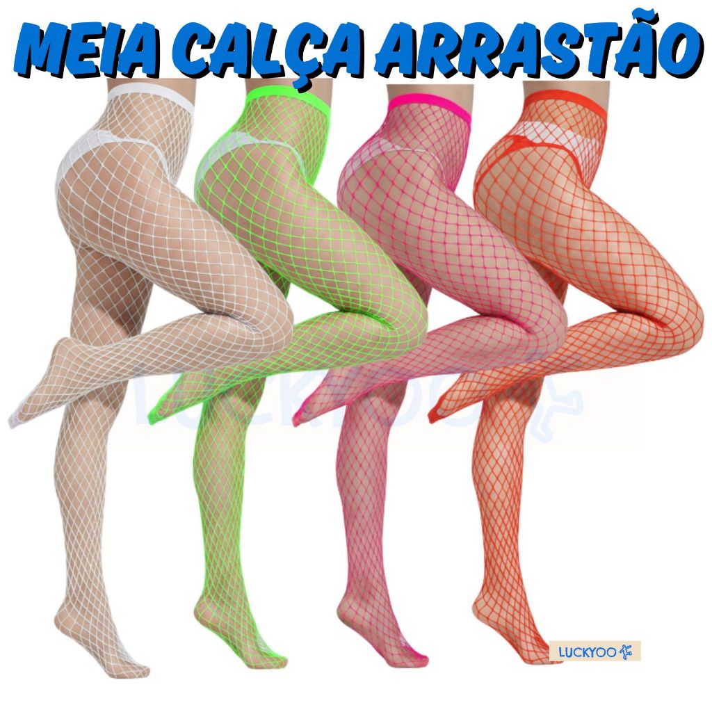 Meia Calça Arrastão Colorida Neon Adulto Trama Média Acessório Feminino Tamanho Único Veste 36 ao 44 Carnaval Festa