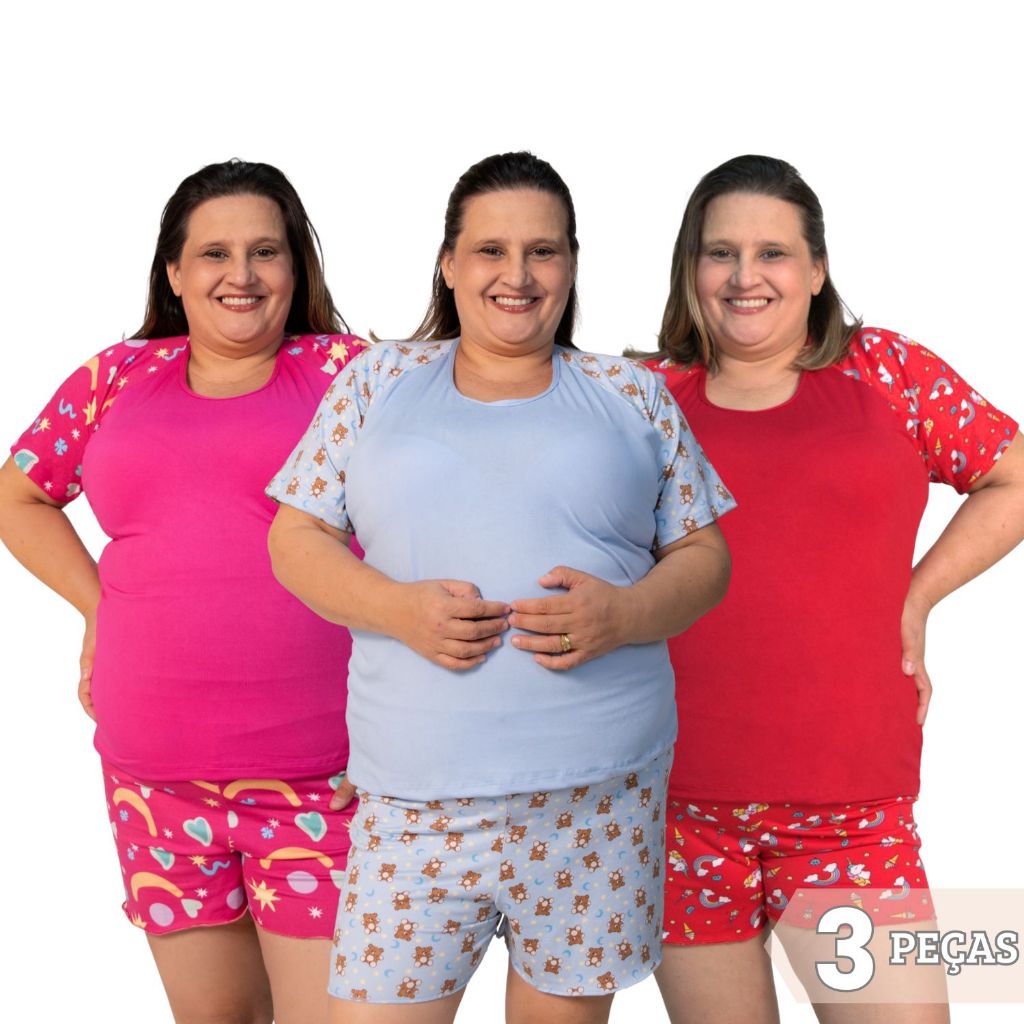 Kit 3 Baby Doll Plus Size Suede Pijama Feminino Blusa e Short Conjunto