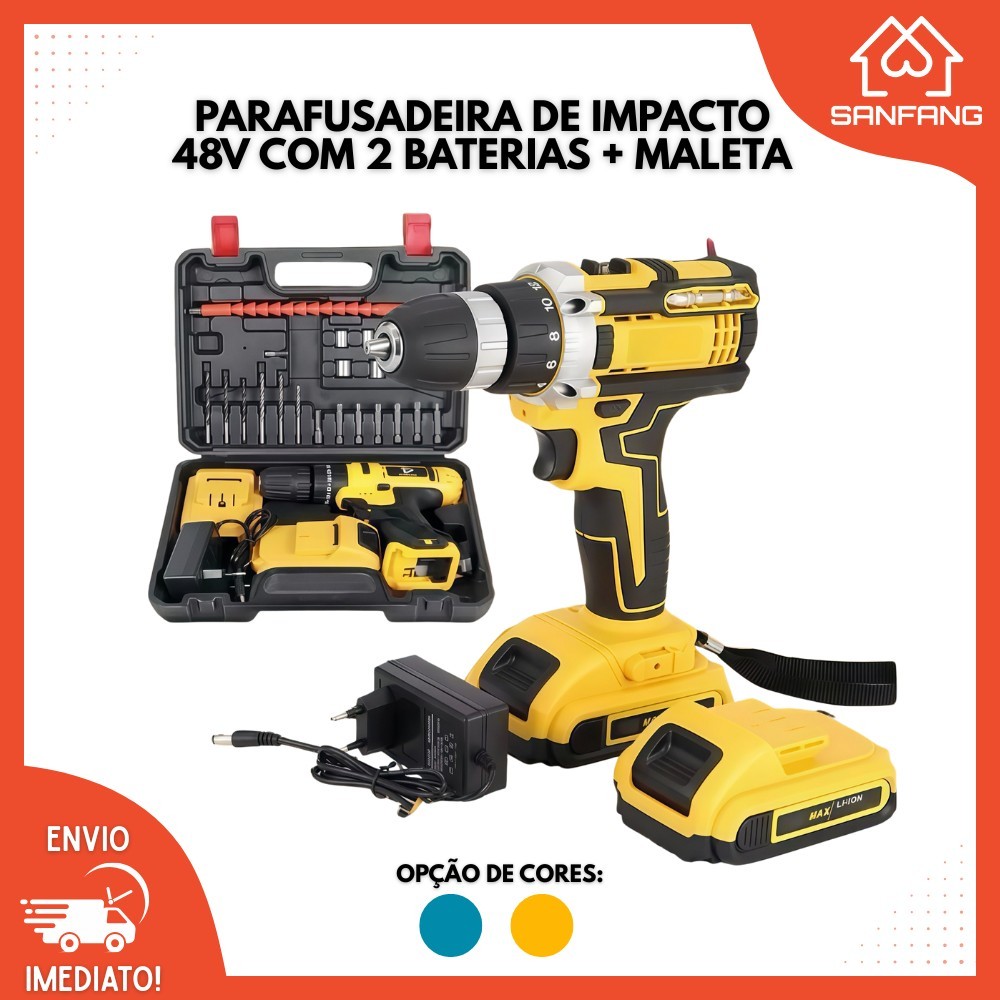 Parafusadeira Furadeira e Chave De Impacto 48V 2 Baterias 3 funções Kit Completo Acessórios