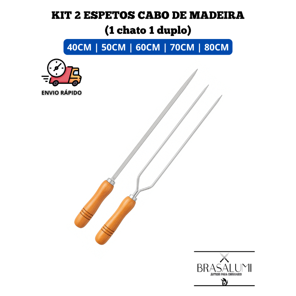 kit 2 espeto para churrasco/churrasqueira (1 duplo 1 chato ) cabo de madeira