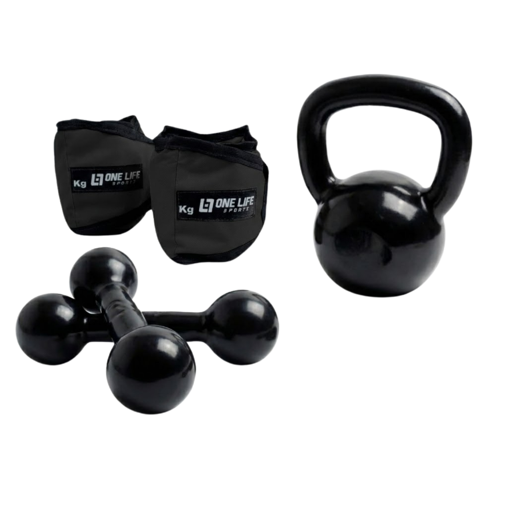 Kit | Caneleira 3kg Par Halter 3kg Kettlebell 4kg | One Life Sports® – Fitness em Oferta na Shopee