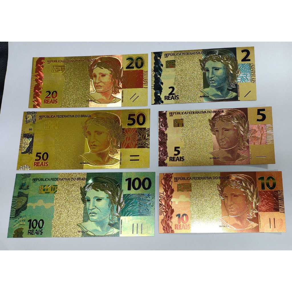 6 CÉDULAS DORADAS (SOUVENIRS) FANTASIA, PEÇAS DECORATIVAS OU PRA COLEÇÃO.