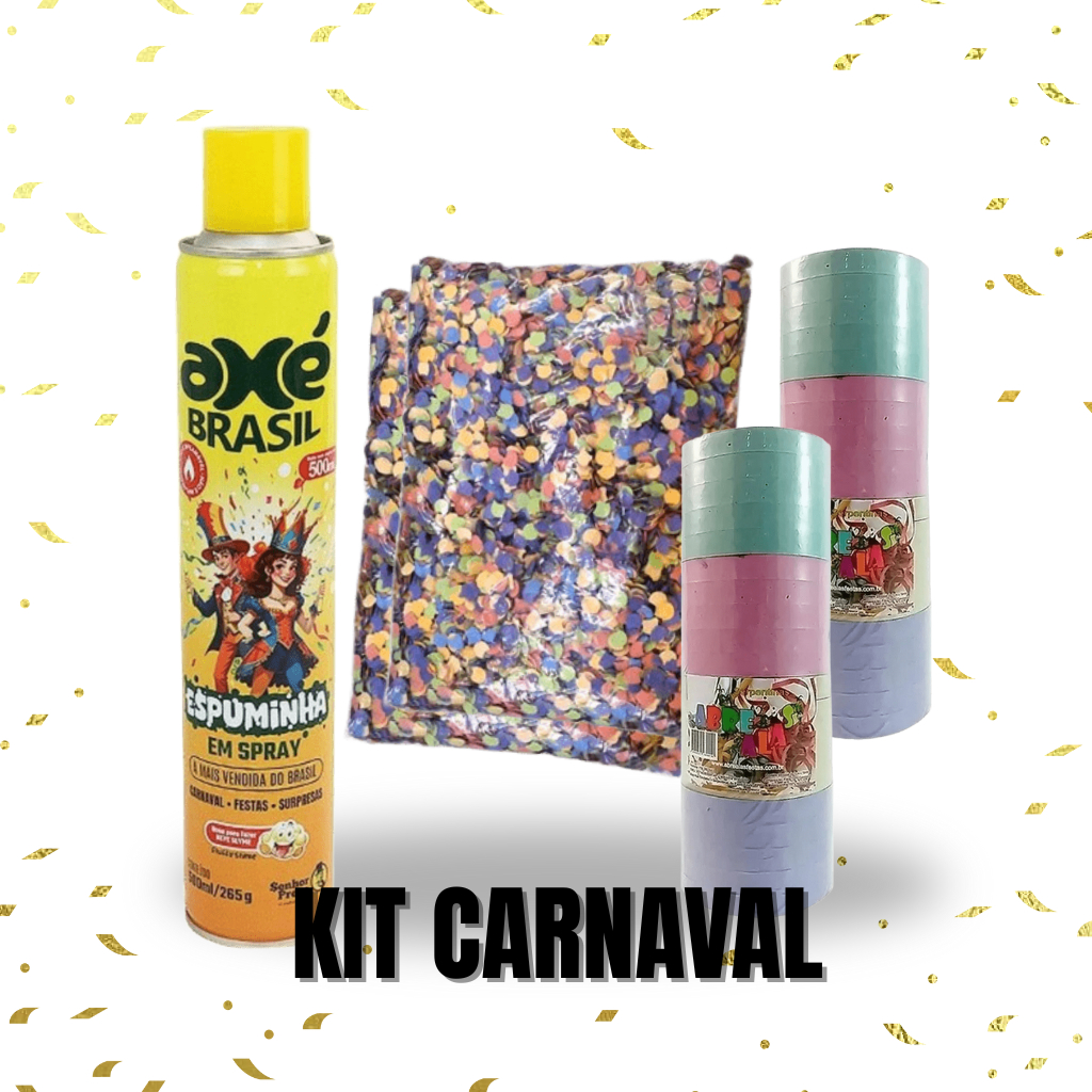 KIT FOLIA CARNAVAL: 1 ESPUMA 500ML + 2 SACOS DE CONFETE + 2 SERPENTINAS