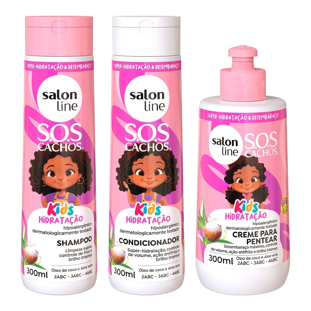 Kit Shampoo + Condicionador + Creme para Pentear 300ml SOS Cachos Kids Hidratação Salon Line em Oferta na Shopee
