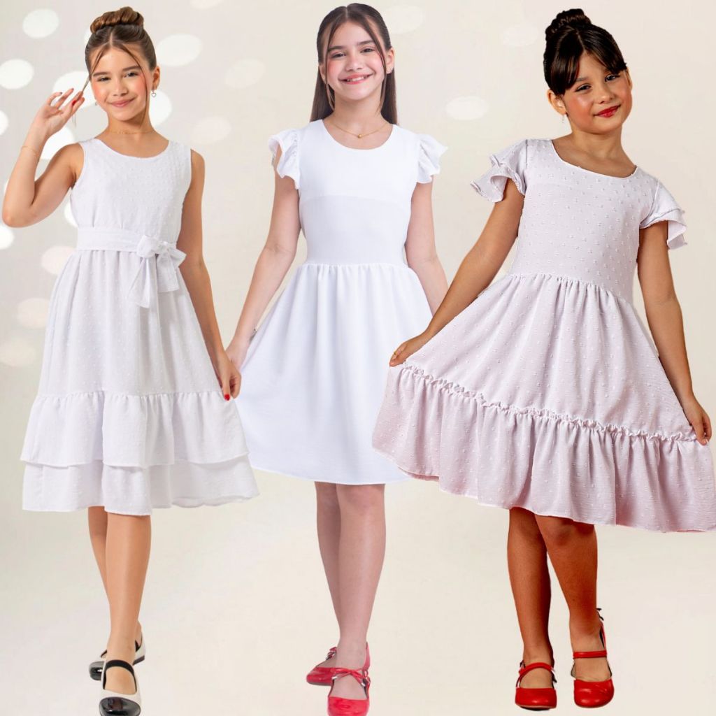 Vestido Branco Infantil Menina Juvenil Festa Soltinho Rodado Natal Manguinha Laço Roupa Moderna