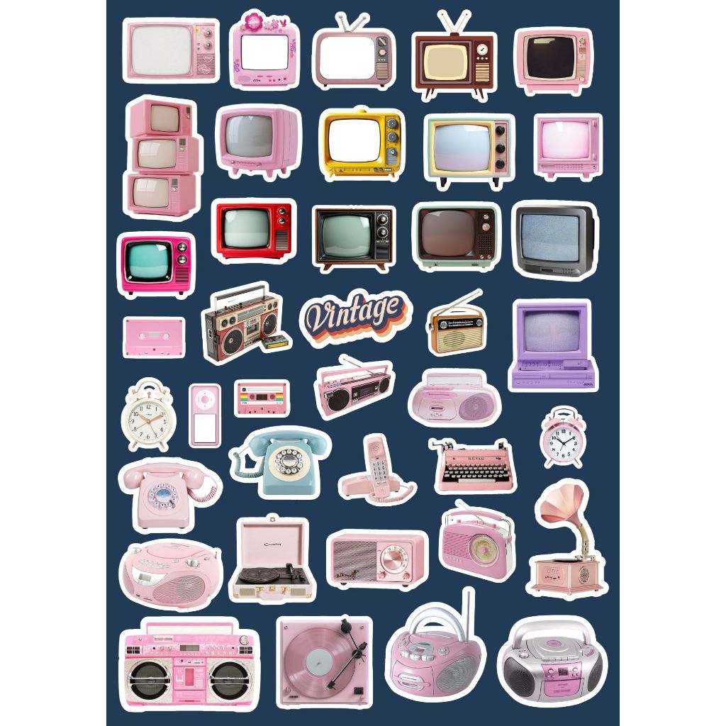 Kit 39 Adesivos Televisores Retrô  – Impressos em Papel Adesivo para Journal, Aesthetic e Scrapbook