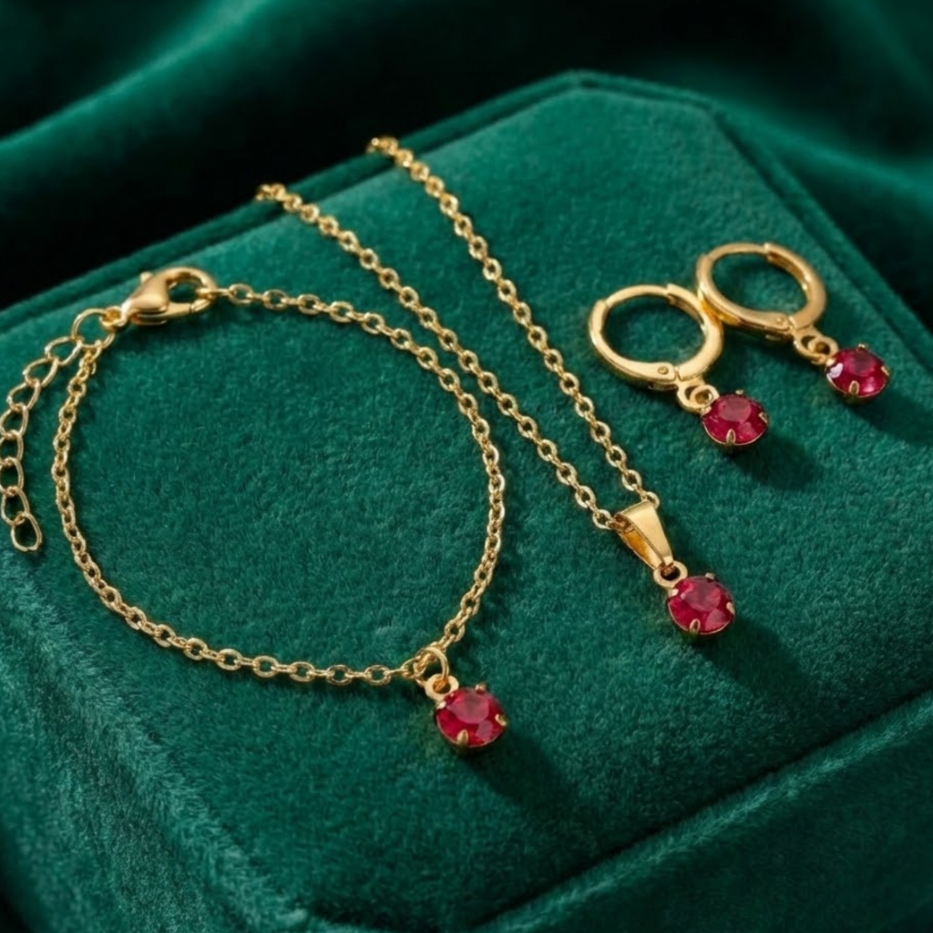 Kit Colar Brincos e Pulseira Cristal Rosa Pink Delicado Feminino Semijoia Dourado Banho Ouro 18k Anti Alérgico