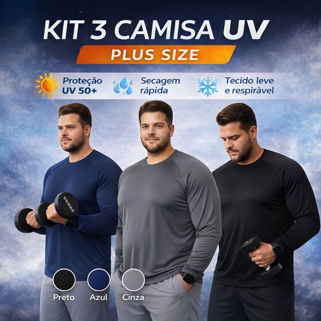Kit 3 Camisa UV Plus Size Masculina Manga Longa Proteção UV50+ do P ao G4 em Oferta na Shopee