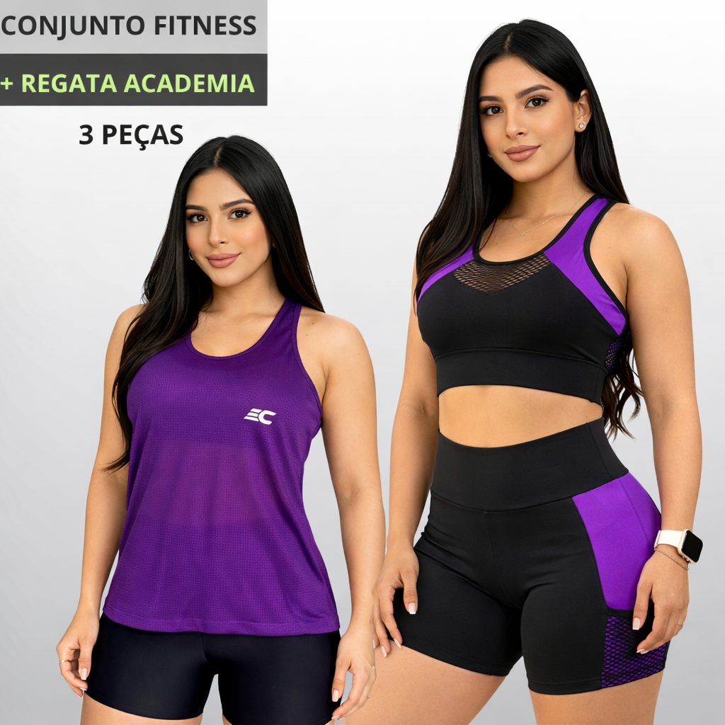 Kit 3 peças Top + Short Com Bolsos Laterais + Regata Dry Fit de brinde Fitness Feminino Treino Academia Cross Fit em Oferta na Shopee