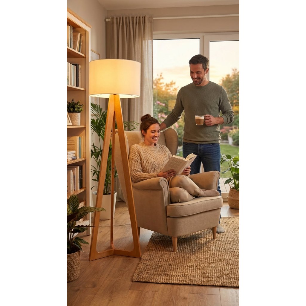 Luminária Abajur de Chão Floripa em Madeira Design Clean Elegante com Cupula Decorativa para Casa Quarto Sala Luz Decor