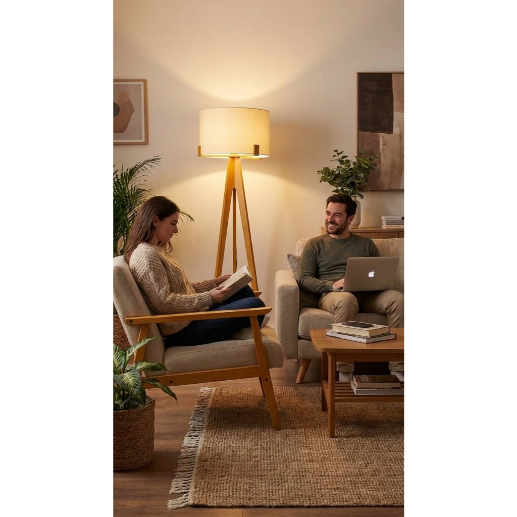 Abajur de Piso em Madeira Luminária Decorativa Alta em Madeira com Cupula Algodão Cru Estilo Minimalista Escandinavo em Oferta na Shopee